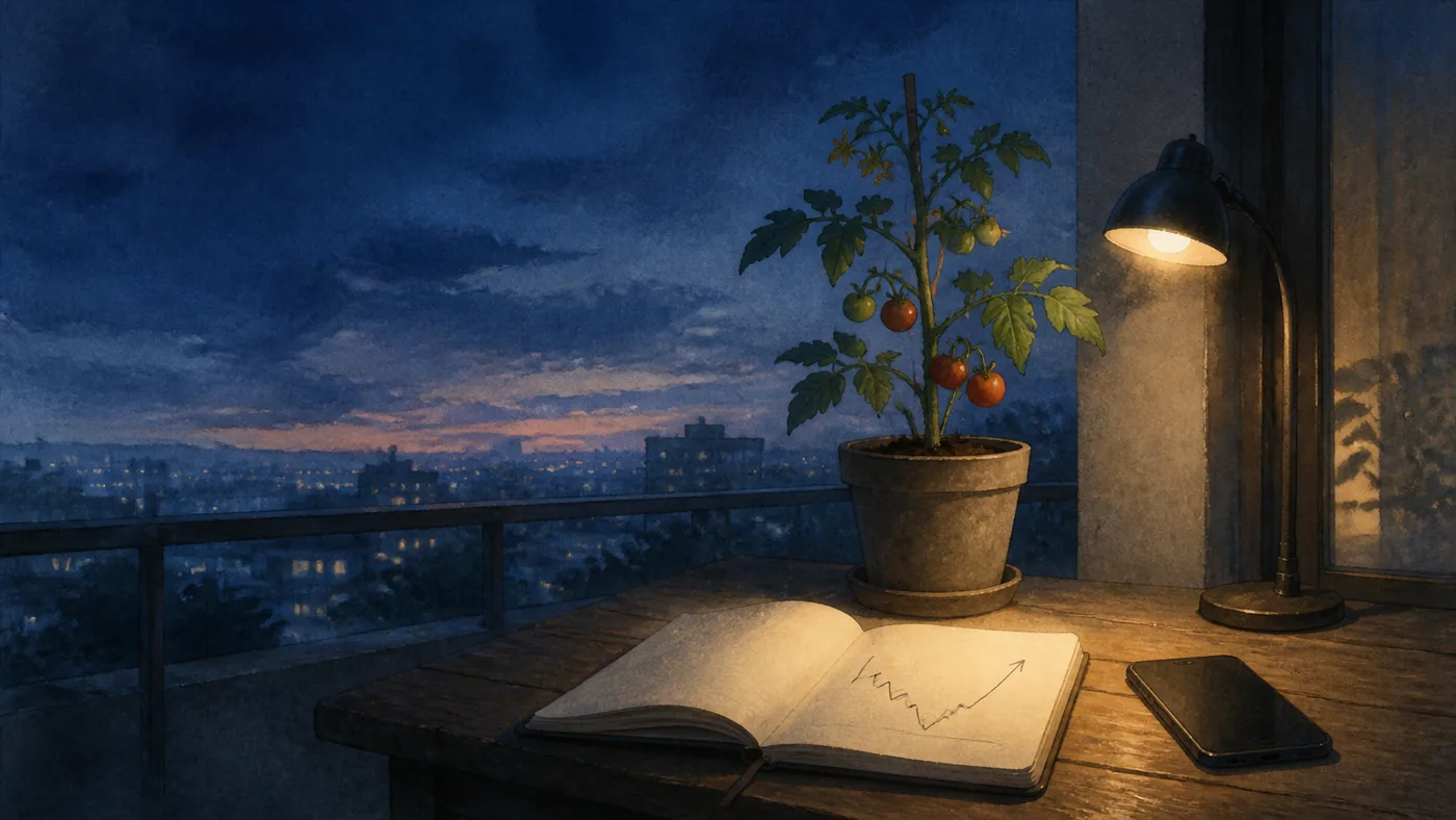夜のベランダのミニトマトと、下がってから上がる線が描かれたノート。